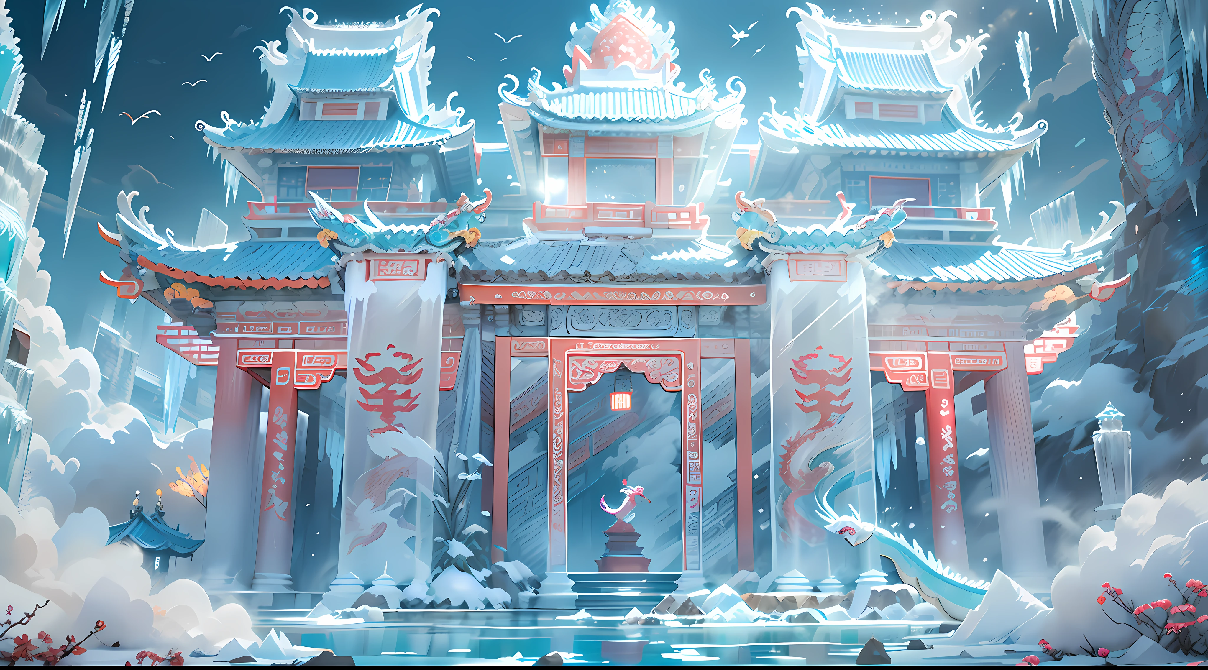 A magical world, (((transparent building))),(Floating in the sky:1.5),(White clouds on the ground:1.5),(((Crystal tiles))),(((crystal column))),(((Crystal wall)))(((The pillars are carved with Chinese dragons))),Nice colorful light decoration, (icey),(Frozen Palace:1.5),best qualtiy,tmasterpiece, 8k Octane Rendering, Photorealistic, Cinematic lighting, detailed building, The art of detail carving,Chinese Ancient Architecture,