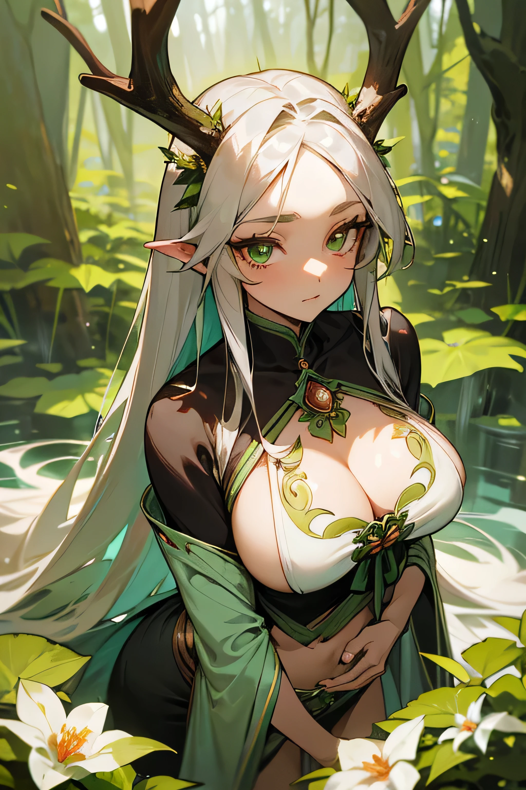 Beautiful and very busty Anime dryad woman. Long silky silver hair decorated with colorful wild flowers and berries. Set in a verdant dense forest at dusk. She is wearing flowing deep low cut robe, that reveals her ample clevage and leaves exposed her slim and toned midriff. Her skin tone is a dark bronze and her cheeks are beslekled with white frekles. Her emerald eyes have a piercing gaze. Her antlers are sepia are short, and mossy. The angle of persoective is slightly from above, her whole body is captured in the frame