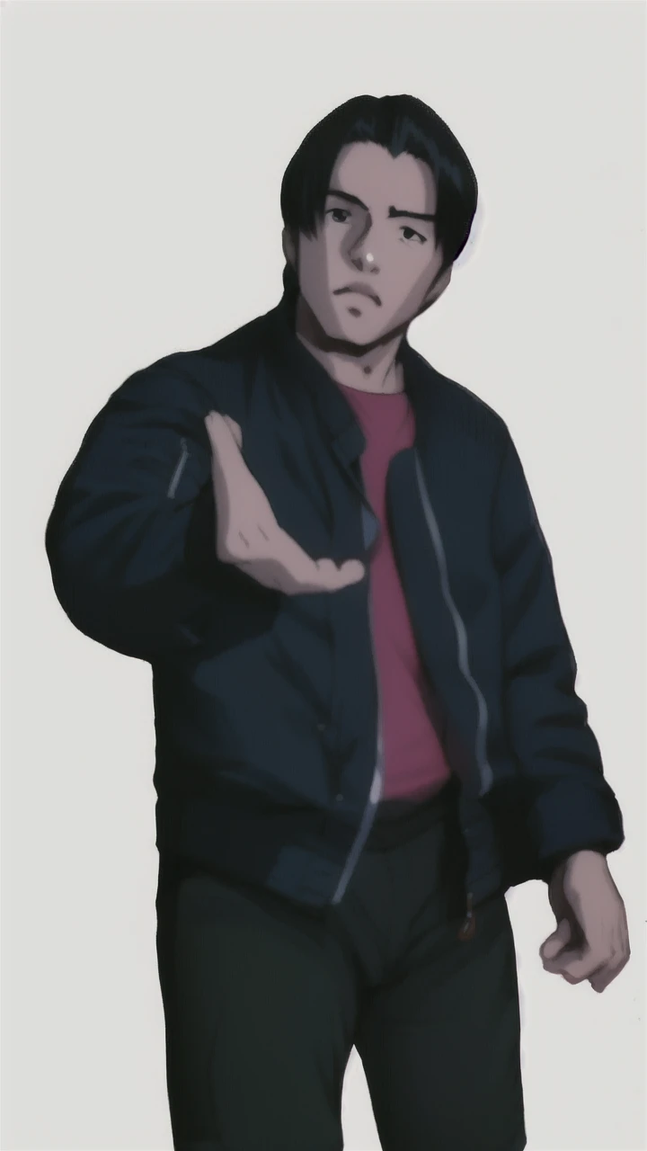 boy in a bomber jacket, detailed hands, aesthetic hands, perfect hands, black hair, minimalist design, clean lines, detailed figures, simple composition, Lineart, like fighting game artwork, tetsuya nomura art, kinu nishimura art,
