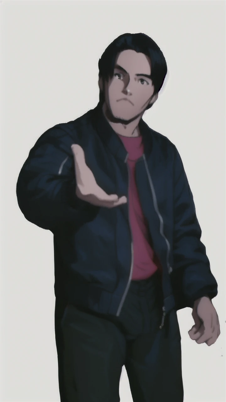 boy in a bomber jacket, detailed hands, aesthetic hands, perfect hands, black hair, minimalist design, clean lines, detailed figures, simple composition, Lineart, like fighting game artwork, tetsuya nomura art, kinu nishimura art,