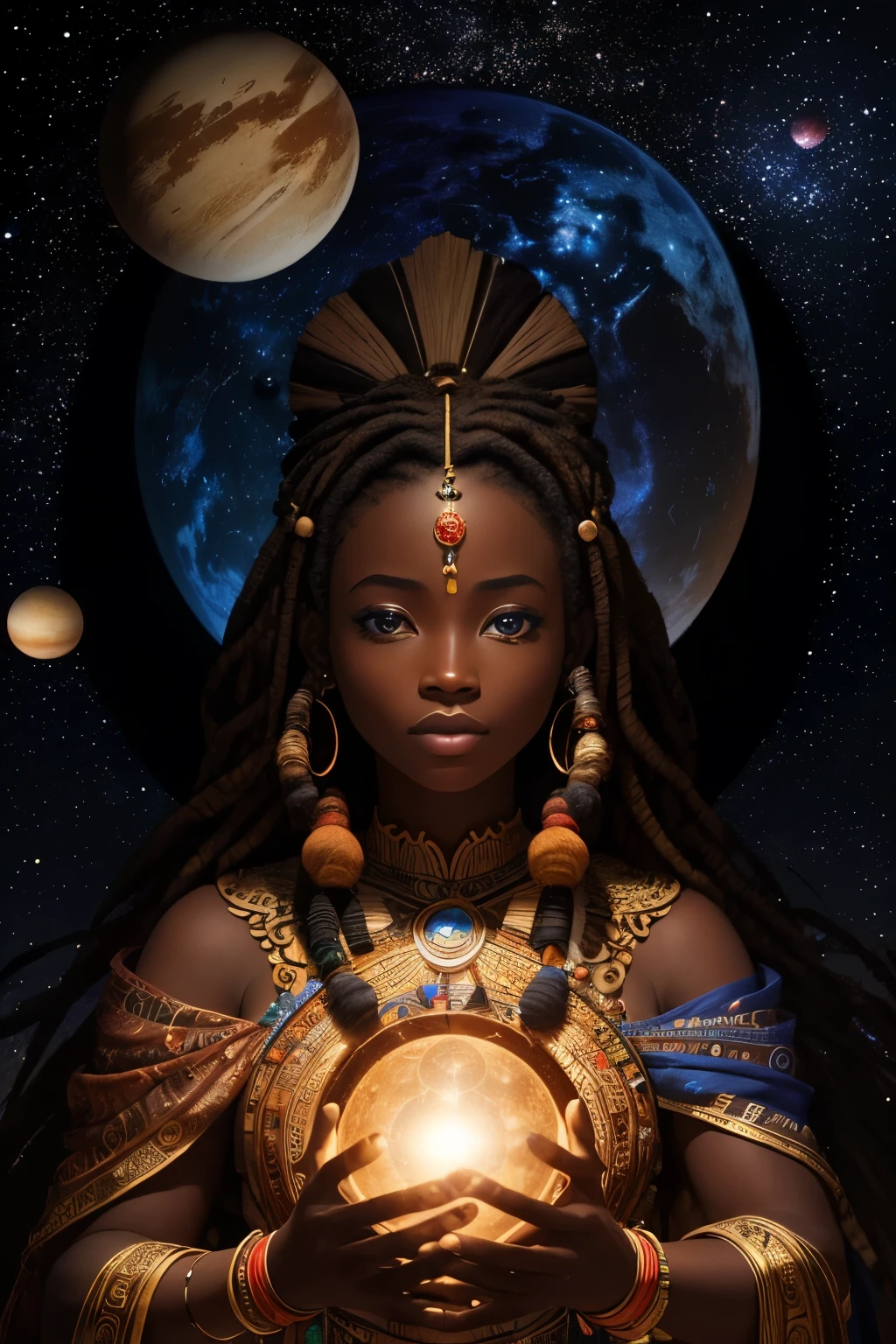 A 3D masterpiece and hyper-realistic art piece showcases an African shaman woman, embodying a mystical aura. She is stylishly dressed in an intricately designed dress, crafted from hides and fur, traditional to her African roots. In her hand, she holds a weathered stick, a symbol of her wisdom and power.

Surrounding her, the solar system and horoscopes illuminate the background, each celestial body and sign shimmering with a cinematic light that creates a magical and fantastical setting. The sky above is mostly clear, allowing the twinkling stars and planets to provide a radiant backdrop.

With a