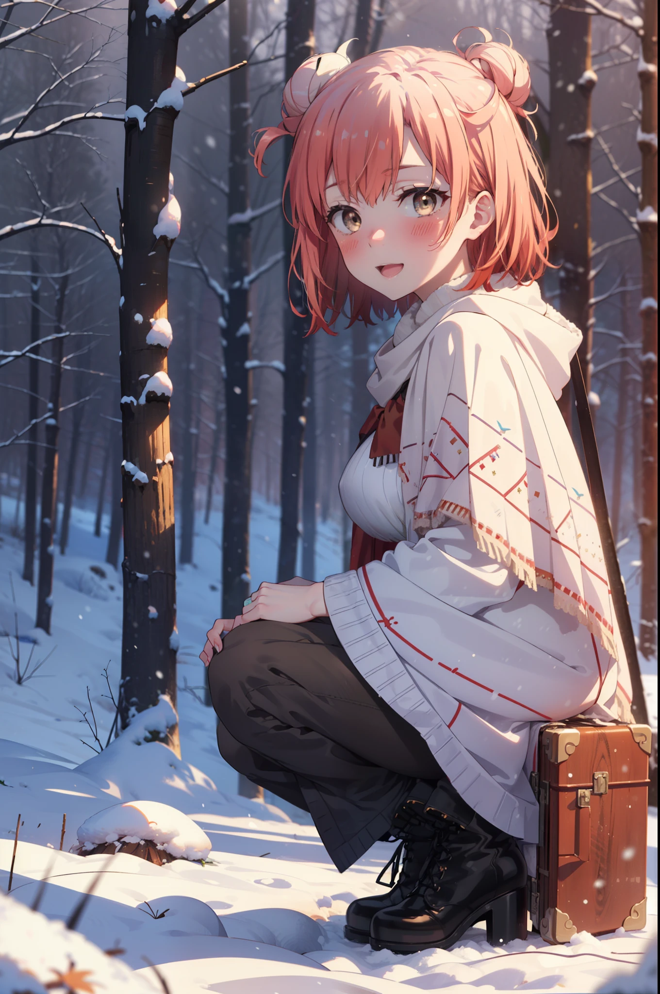 yuiyuigahama, yui yuigahama, short hair, (Brown eyes:1.5), (Pink Hair:1.2), Hair Bun, single Hair Bun, smile, (Big Breasts:1.2),smile,blush,White Breath,
Open your mouth,snow,Ground bonfire, Outdoor, boots, snowing, From the side, wood, suitcase, Cape, Blurred, forest, White handbag, nature,  Squat, Mouth closed,Cape, winter, Written boundary depth, Black shoes, red Cape break looking at viewer, Upper Body, whole body, break Outdoor, forest, nature, break (masterpiece:1.2), Highest quality, High resolution, unity 8k wallpaper, (shape:0.8), (Beautiful and beautiful eyes:1.6), Highly detailed face, Perfect lighting, Highly detailed CG, (Perfect hands, Perfect Anatomy),