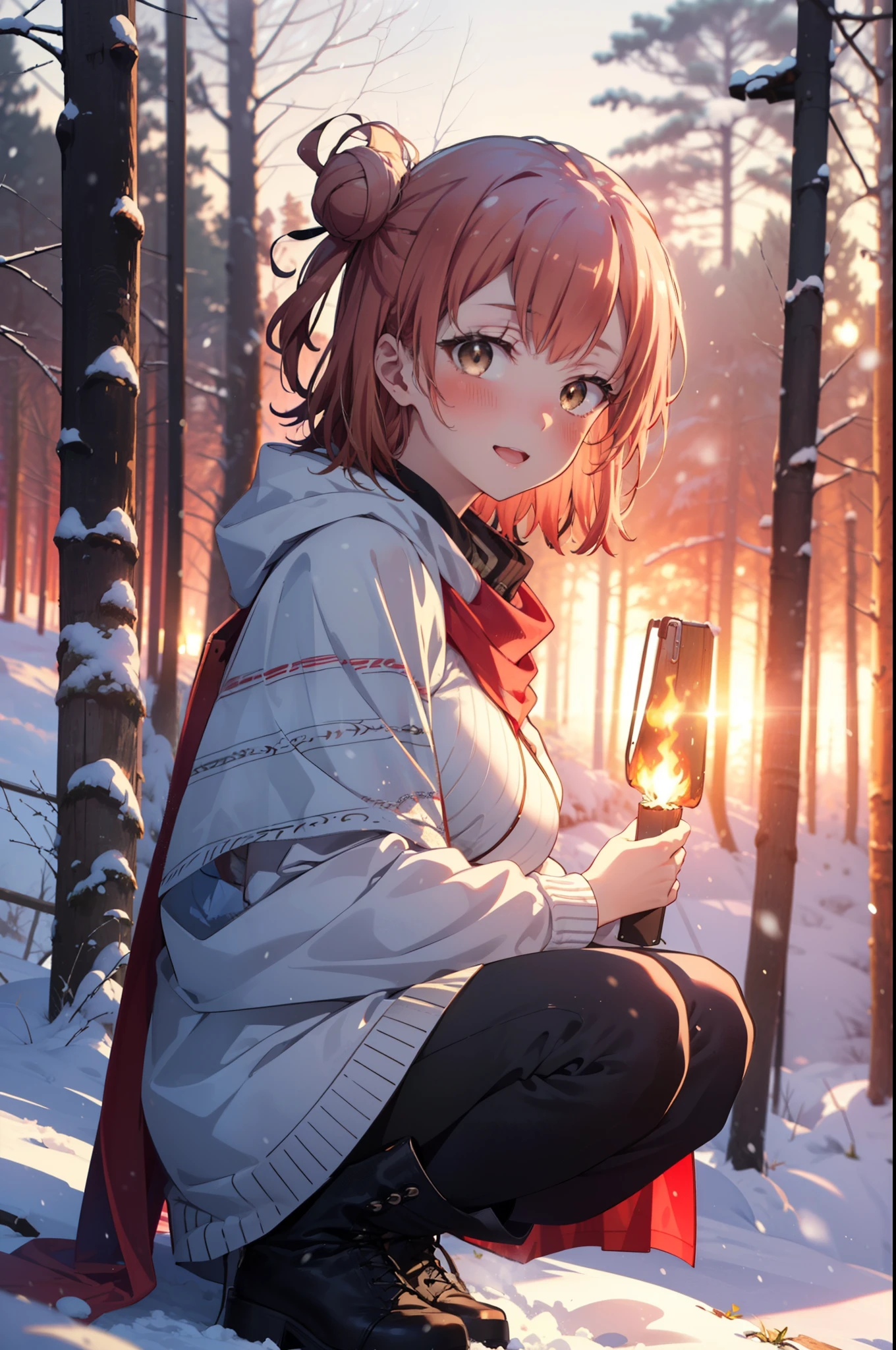 yuiyuigahama, yui yuigahama, short hair, (Brown eyes:1.5), (Pink Hair:1.2), Hair Bun, single Hair Bun, smile, (Big Breasts:1.2),smile,blush,White Breath,
Open your mouth,snow,Ground bonfire, Outdoor, boots, snowing, From the side, wood, suitcase, Cape, Blurred, forest, White handbag, nature, Squat, Mouth closed,Cape, winter, Written boundary depth, Black shoes, red Cape break looking at viewer, Upper Body, whole body, break Outdoor, forest, nature, break (masterpiece:1.2), Highest quality, High resolution, unity 8k wallpaper, (shape:0.8), (Beautiful and beautiful eyes:1.6), Highly detailed face, Perfect lighting, Highly detailed CG, (Perfect hands, Perfect Anatomy),