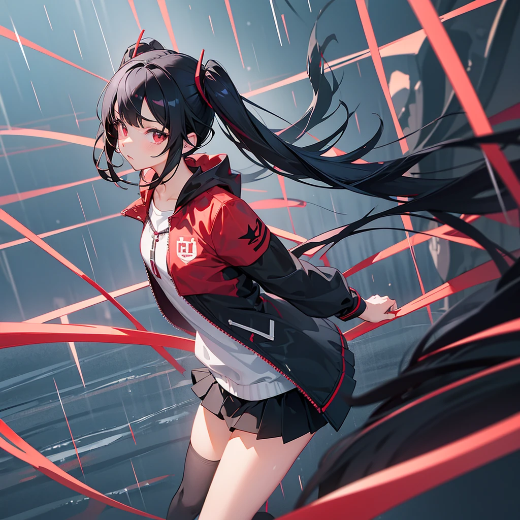 Anime, girl in a short miniskirt, panties visible, red-black hair, Twin Tail, in a beautiful area, rainy weather. 3D