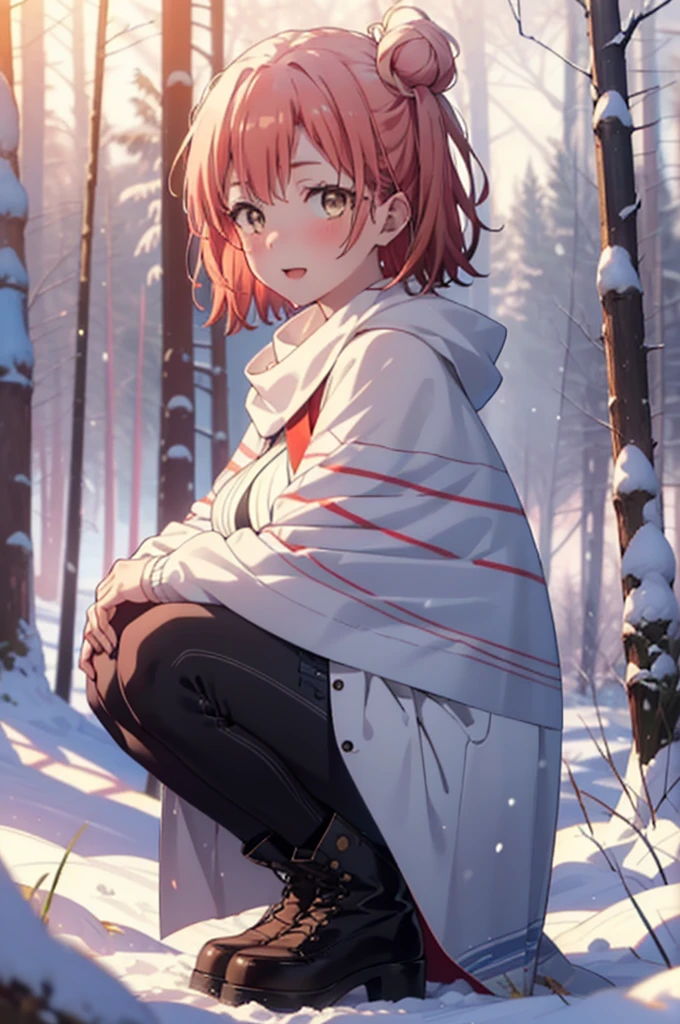 yuiyuigahama, yui yuigahama, short hair, (Brown eyes:1.5), (Pink Hair:1.2), Hair Bun, single Hair Bun, smile, (Big Breasts:1.2),smile,blush,White Breath,
Open your mouth,snow,Ground bonfire, Outdoor, boots, snowing, From the side, wood, suitcase, Cape, Blurred, forest, White handbag, nature, Squat, Mouth closed,Cape, winter, Written boundary depth, Black shoes, red Cape break looking at viewer, Upper Body, whole body, break Outdoor, forest, nature, break (masterpiece:1.2), Highest quality, High resolution, unity 8k wallpaper, (shape:0.8), (Beautiful and beautiful eyes:1.6), Highly detailed face, Perfect lighting, Highly detailed CG, (Perfect hands, Perfect Anatomy),
