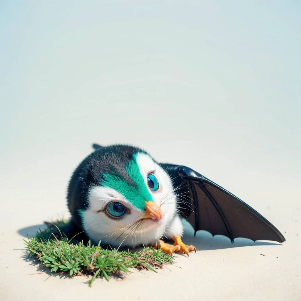 Small Animaly, has green stripes on his skin, blue eyes, seagull mixed with bat, Grassroots, no background