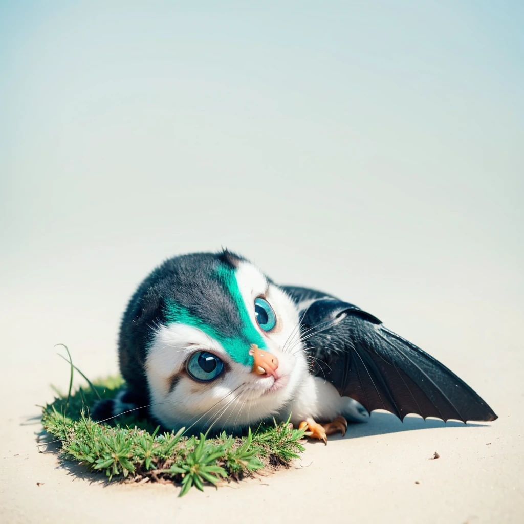 Small Animaly, has green stripes on his skin, blue eyes, seagull mixed with bat, Grassroots, no background