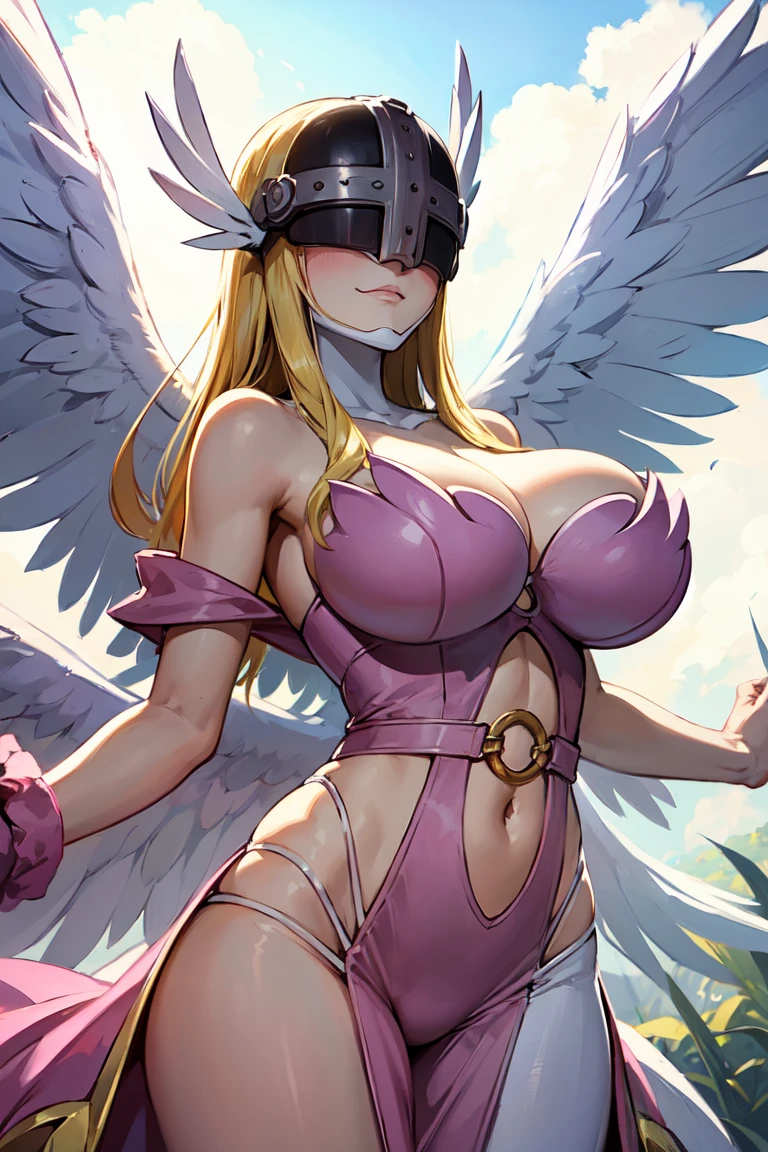 angewomon, (wearing a fancy pink dress:1.5), blush on cheeks, smile, long hair, breasts, blonde hair, large breasts, huge breasts, bare shoulders, wings, o-ring, helmet, head wings, feathered wings, angel wings, white wings, covered eyes, multiple wings, winged helmet, anime screencap, cowboy shot, (obra maestra:1.1), (La mejor calidad:1.1), (Colores vivos:1.1)