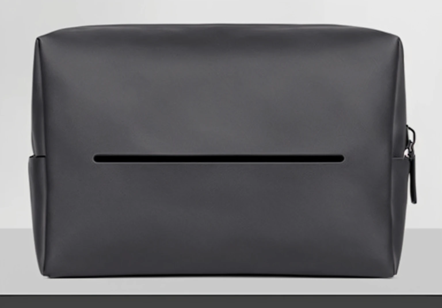 A black backpack,Front zipper, All black matte product, leather bags, sleek streamlined design, Stylish design, Smooth and clean texture, Very elegant features, Rounded Corners, very intricate ultrafine details, Extremely detailed front angle, briefcase, Smooth curvature design, Highly detailed textures, The image is very clear and detailed, Eye-catching features