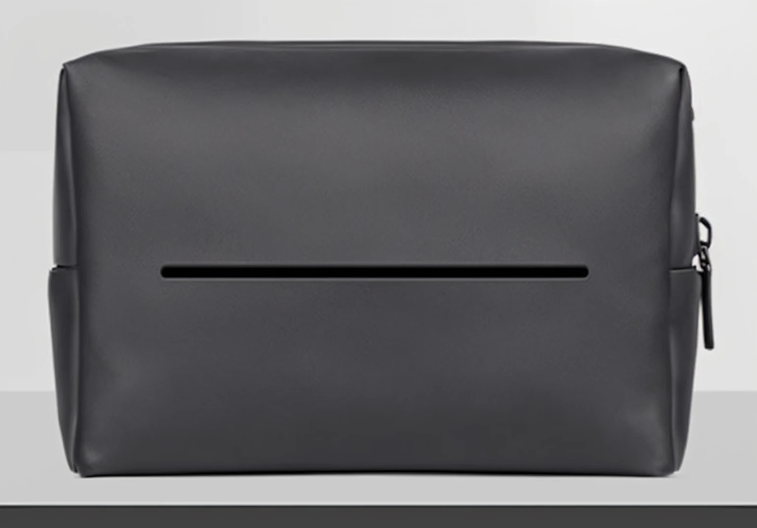 A black backpack,Front zipper, All black matte product, leather bags, sleek streamlined design, Stylish design, Smooth and clean texture, Very elegant features, Rounded Corners, very intricate ultrafine details, Extremely detailed front angle, briefcase, Smooth curvature design, Highly detailed textures, The image is very clear and detailed, Eye-catching features