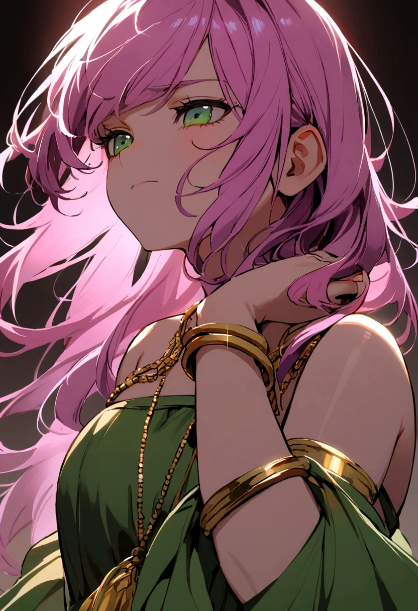 Girl with short purple-pink hair, dark green eyes, purple strapless dress, white t-shirt inside, wearing many gold bracelets, green handbag, sly face