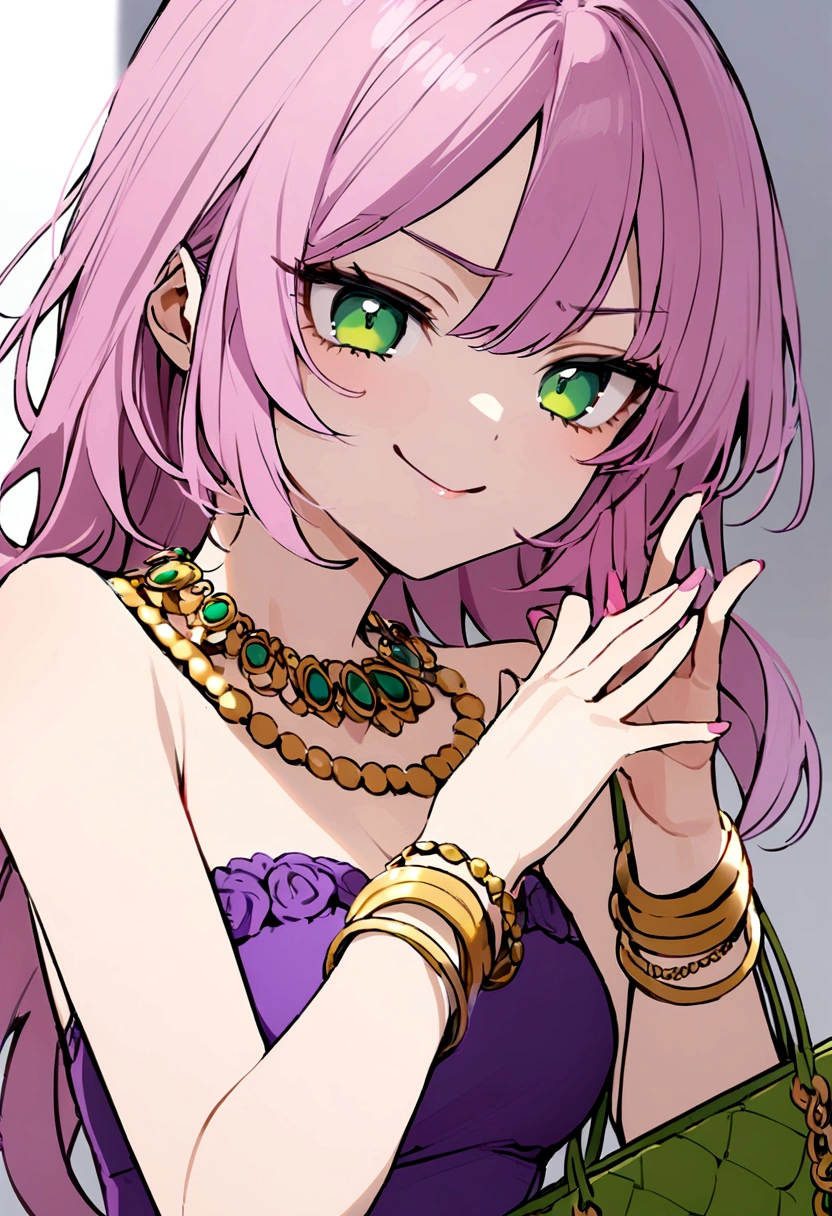 Girl with short purple-pink hair, dark green eyes, purple strapless dress, white t-shirt inside, wearing many gold bracelets, green handbag, sly face