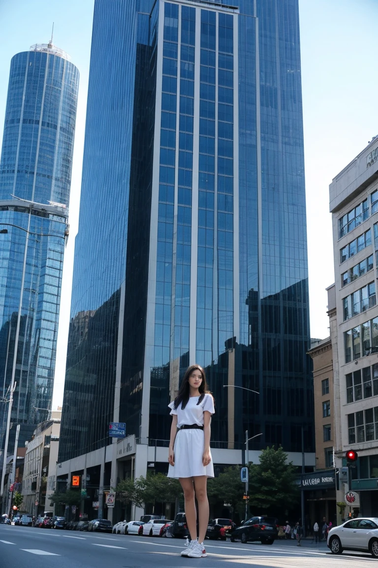 A girl, giant, as tall as a building
