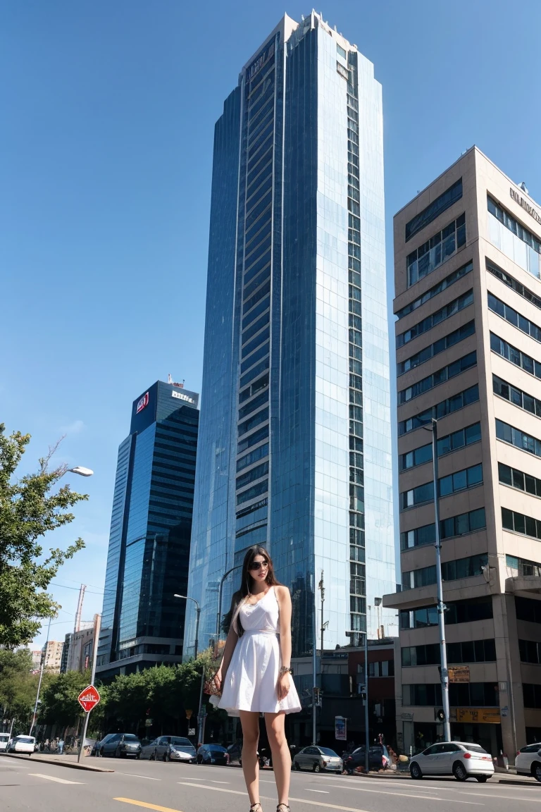 A girl, giant, as tall as a building 