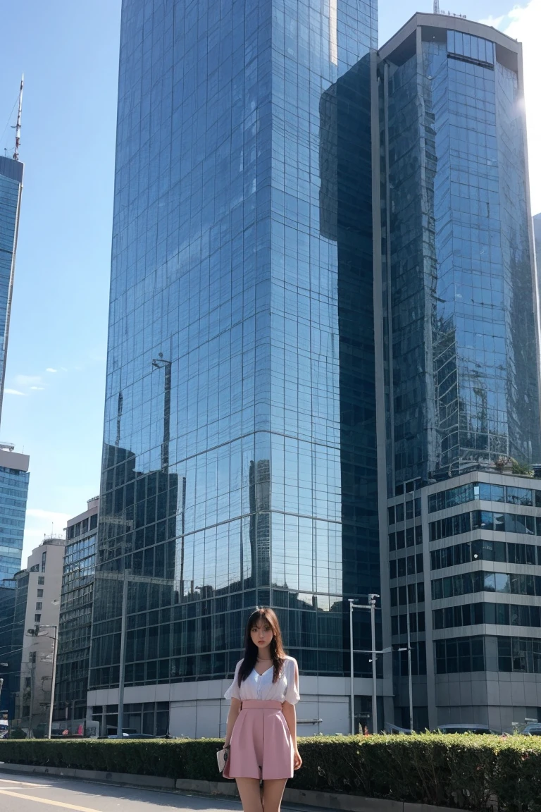 A girl, giant, as tall as a building 