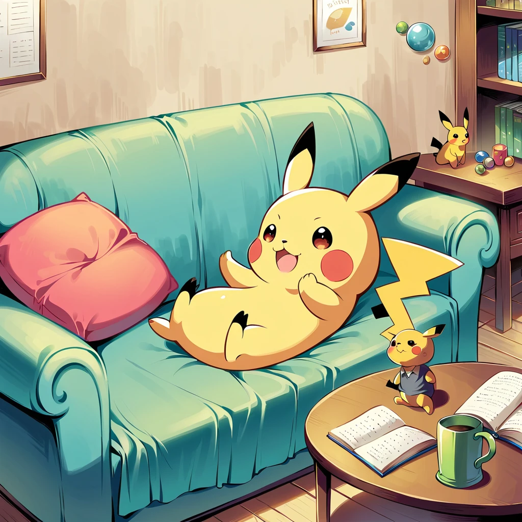 Create an adorable illustration of Pikachu taking a nap. Pikachu should be curled up on a comfy couch with a cozy blanket and a soft pillow. Surround Pikachu with a few toys and a book on a side table. The scene should feel warm and relaxing, perfect for a quiet afternoon nap