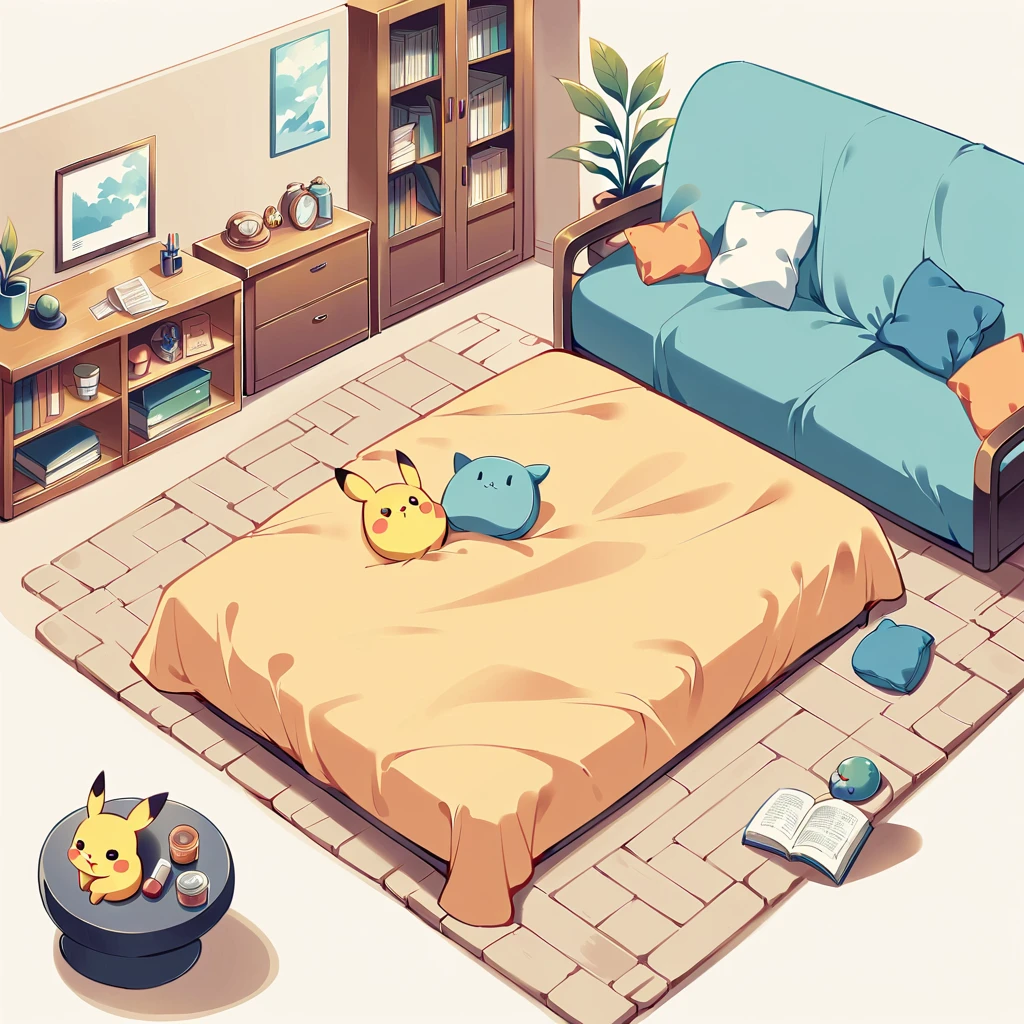 Create an adorable illustration of Pikachu taking a nap. Pikachu should be curled up on a comfy couch with a cozy blanket and a soft pillow. Surround Pikachu with a few toys and a book on a side table. The scene should feel warm and relaxing, perfect for a quiet afternoon nap