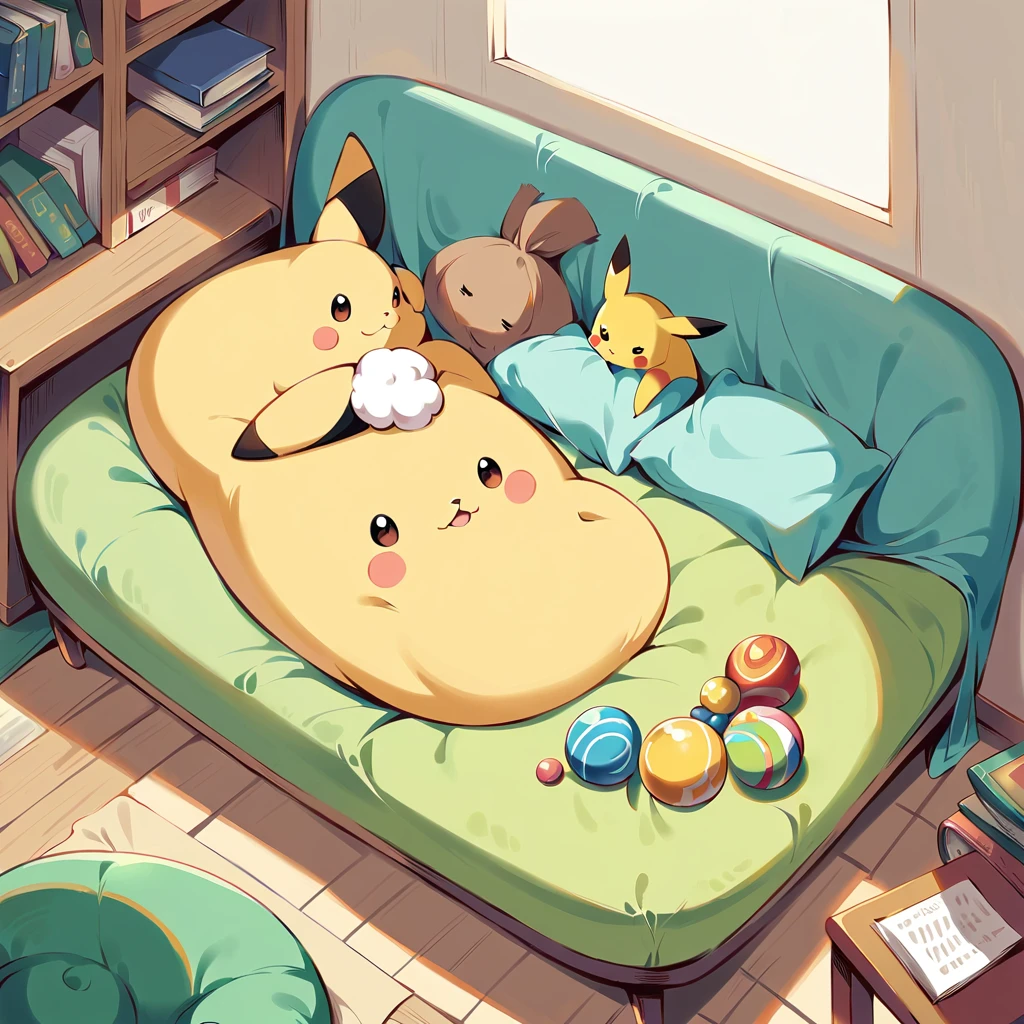 Create an adorable illustration of Pikachu taking a nap. Pikachu should be curled up on a comfy couch with a cozy blanket and a soft pillow. Surround Pikachu with a few toys and a book on a side table. The scene should feel warm and relaxing, perfect for a quiet afternoon nap