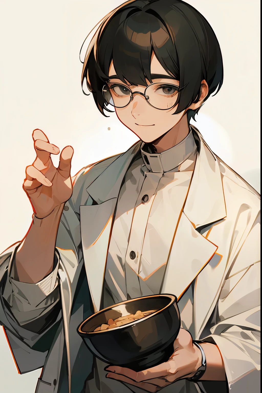 1male ,  Bowl Cut , Glasses , Lab Coat , Happy Expression , Adult Male , Perfect Generation