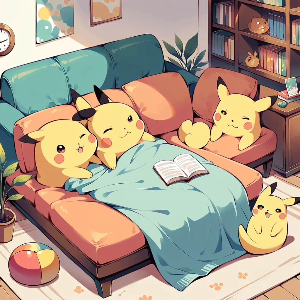 Create an adorable illustration of Pikachu taking a nap. Pikachu should be curled up on a comfy couch with a cozy blanket and a soft pillow. Surround Pikachu with a few toys and a book on a side table. The scene should feel warm and relaxing, perfect for a quiet afternoon nap