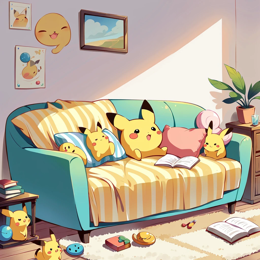 Create an adorable illustration of Pikachu taking a nap. Pikachu should be curled up on a comfy couch with a cozy blanket and a soft pillow. Surround Pikachu with a few toys and a book on a side table. The scene should feel warm and relaxing, perfect for a quiet afternoon nap