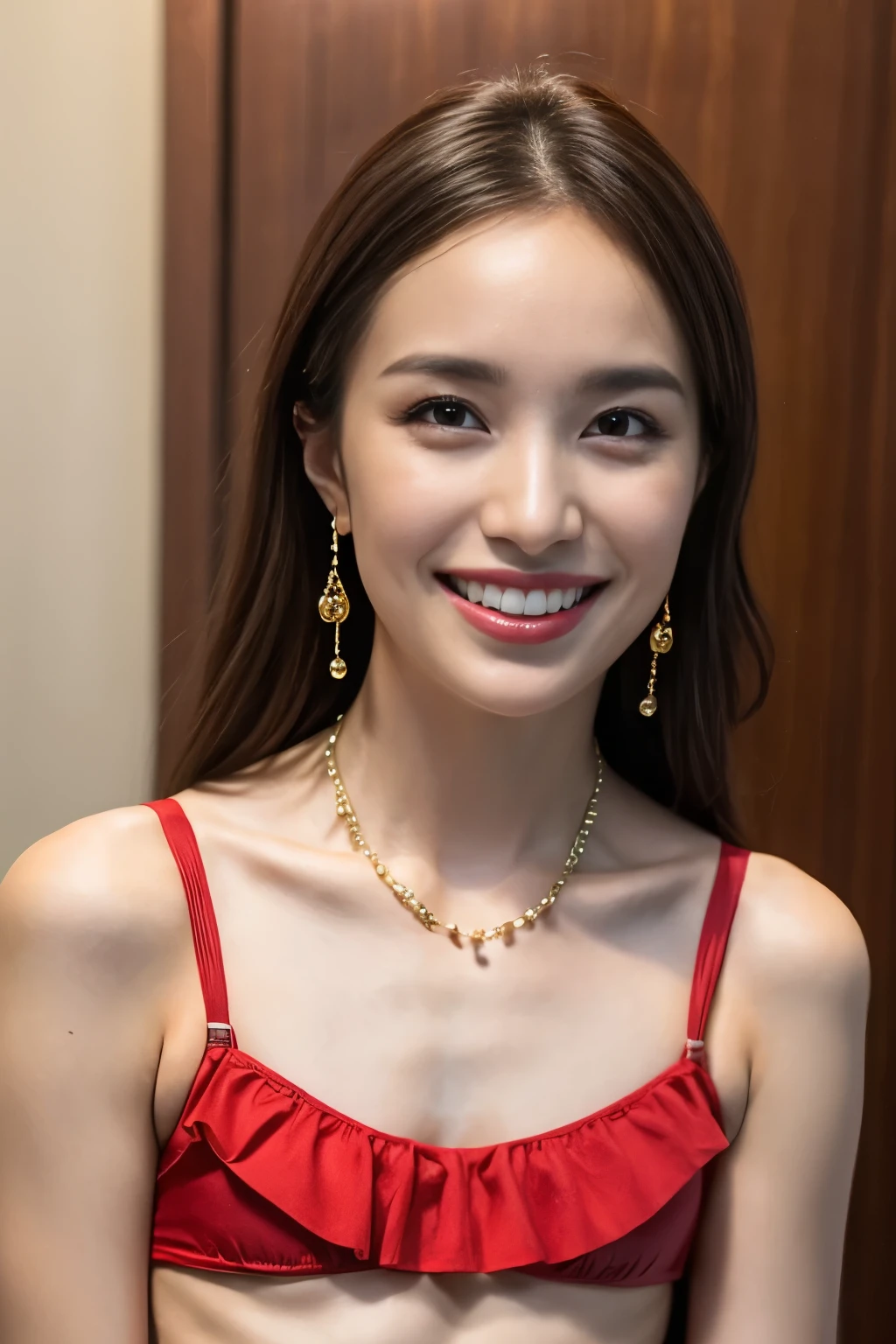 (realistic, photo-realistic:1.4), (best quality, masterpiece:1.2), RAW photo, high resolution, intricate details, extremely detailed, insanely detailed, incredibly detailed, finely detailed, looking at the camera, solo, a 29 years old Japanese female idol, (smaller breasts, tiny breasts, flat chest, poor size bust:1.5), smaller face, slim, thin, slender, abs, dark hair, detailed face, beautiful detailed eyes, pale skin, (cheerful grin, dimples:1.5), necklace, bracelet, earrings, jewelry, (seductive pose, red bikini:1.4),photo background, indoors, home, bathroom,