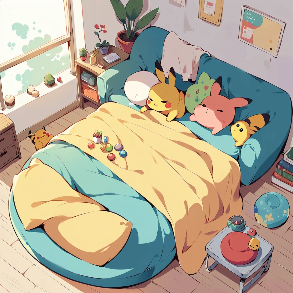 Create an adorable illustration of Pikachu taking a nap. Pikachu should be curled up on a comfy couch with a cozy blanket and a soft pillow. Surround Pikachu with a few toys and a book on a side table. The scene should feel warm and relaxing, perfect for a quiet afternoon nap