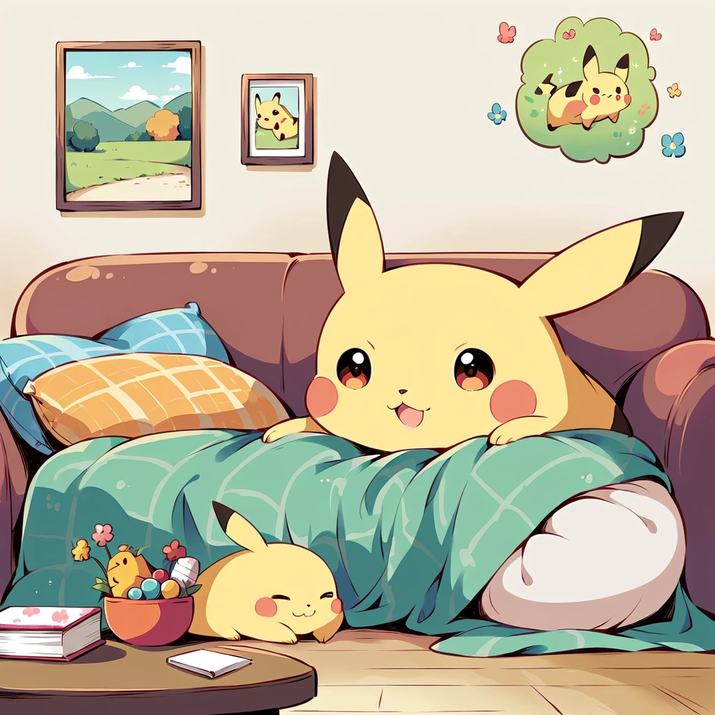 Create an adorable illustration of Pikachu taking a nap. Pikachu should be curled up on a comfy couch with a cozy blanket and a soft pillow. Surround Pikachu with a few toys and a book on a side table. The scene should feel warm and relaxing, perfect for a quiet afternoon nap