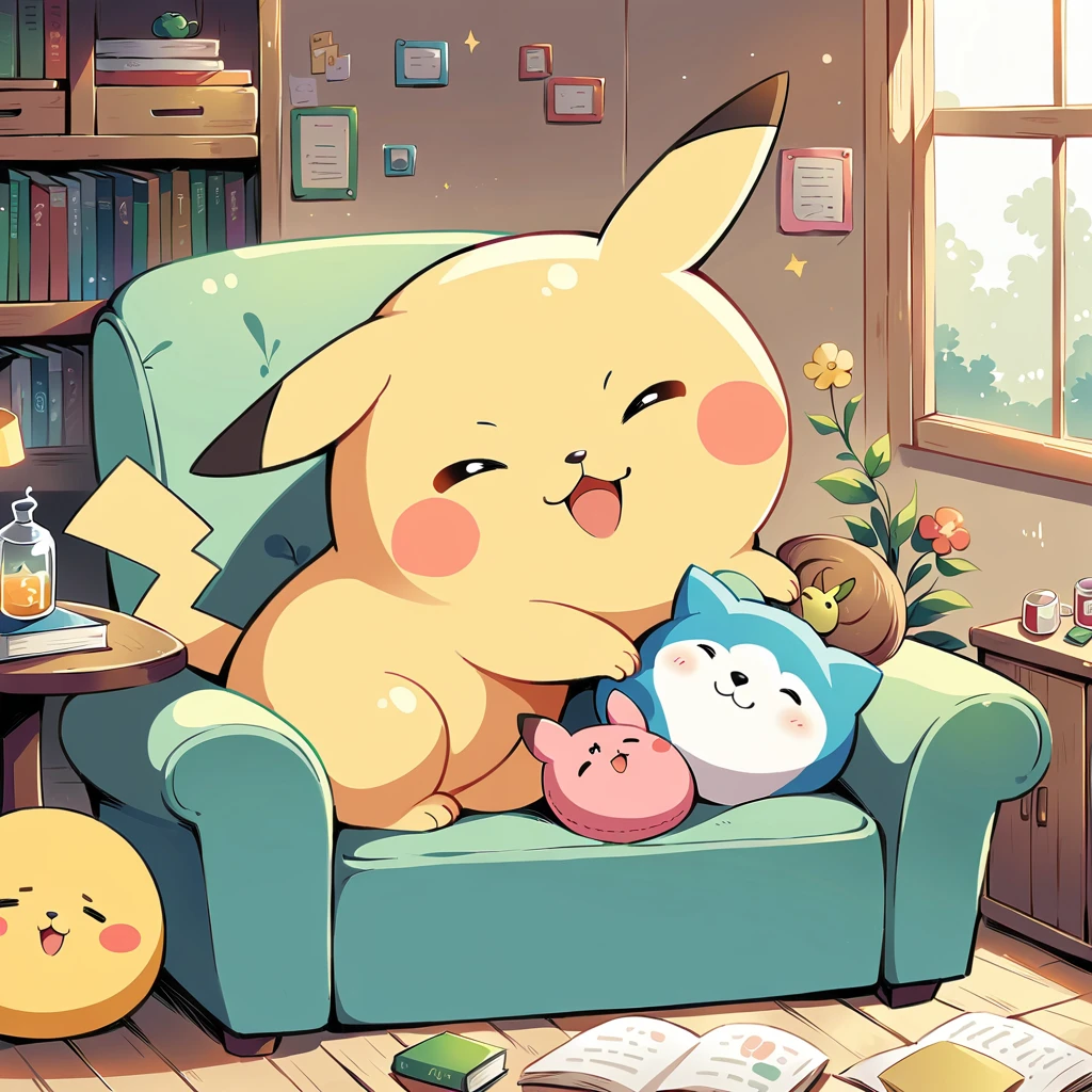 Create an adorable illustration of Pikachu taking a nap. Pikachu should be curled up on a comfy couch with a cozy blanket and a soft pillow. Surround Pikachu with a few toys and a book on a side table. The scene should feel warm and relaxing, perfect for a quiet afternoon nap