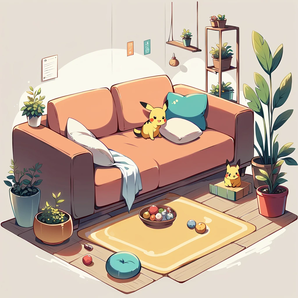 Create an adorable illustration of Pikachu taking a nap. Pikachu should be curled up on a comfy couch with a cozy blanket and a soft pillow. Surround Pikachu with a few toys and a book on a side table. The scene should feel warm and relaxing, perfect for a quiet afternoon nap