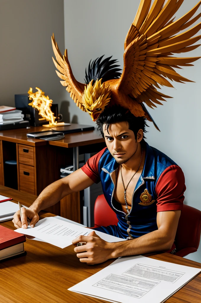 Marco the Phoenix from One piece is sitting on his desk working on a pile of paper