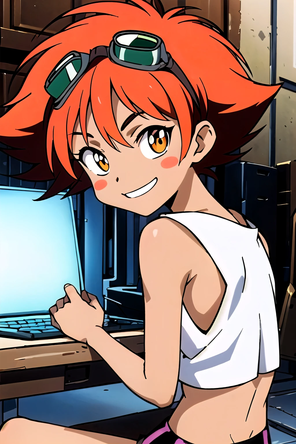 Edward, orange hair, blush stickers, (tanned skin) white sleeveless loose midriff, over the shoulder, tight black shorts, from behind, brown eyes, goggles on head, smile, small breasts, sitting in computer lab, upper body, looking at viewer (insanely detailed, beautiful detailed face, masterpiece, best quality ,