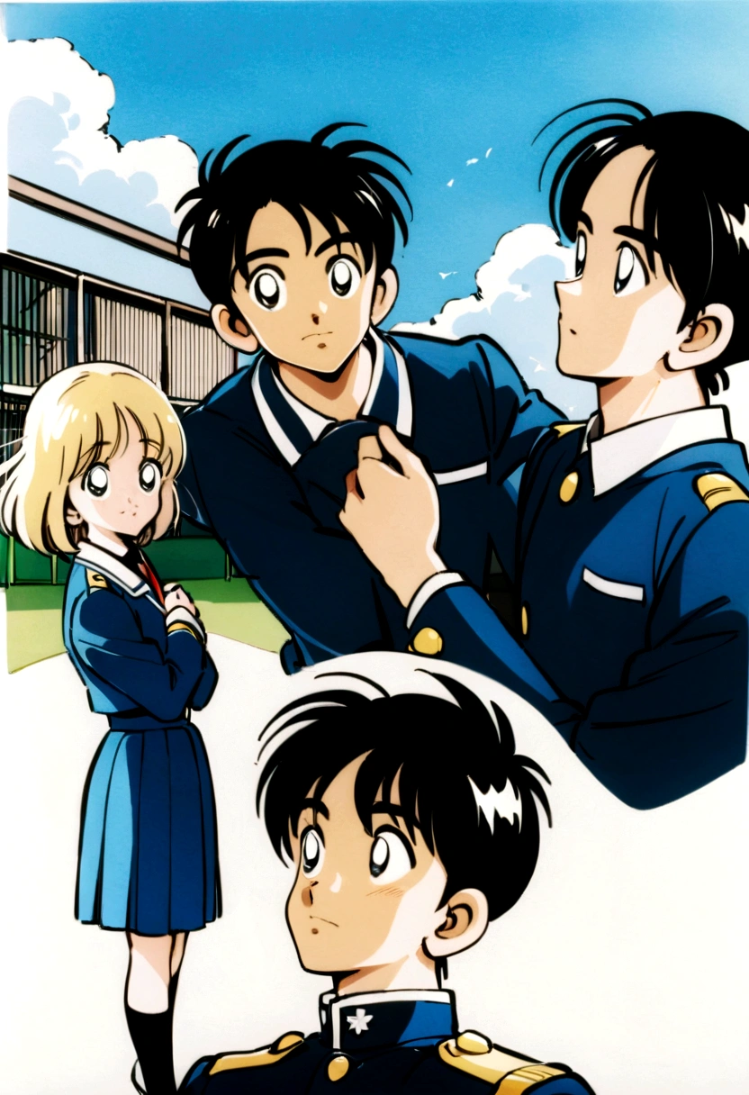 Two high school students, a boy and a girl, looking up at the sky in a high school playground and dreaming of hope for the future。Hair is fluttering in the wind。Blue summer sky。Both of them are in uniform.。