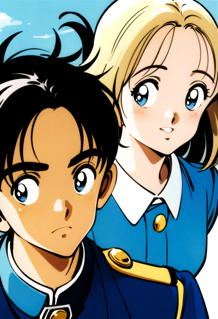 Two high school students, a boy and a girl, looking up at the sky in a high school playground and dreaming of hope for the future。Hair is fluttering in the wind。Blue summer sky。Both of them are in uniform.。