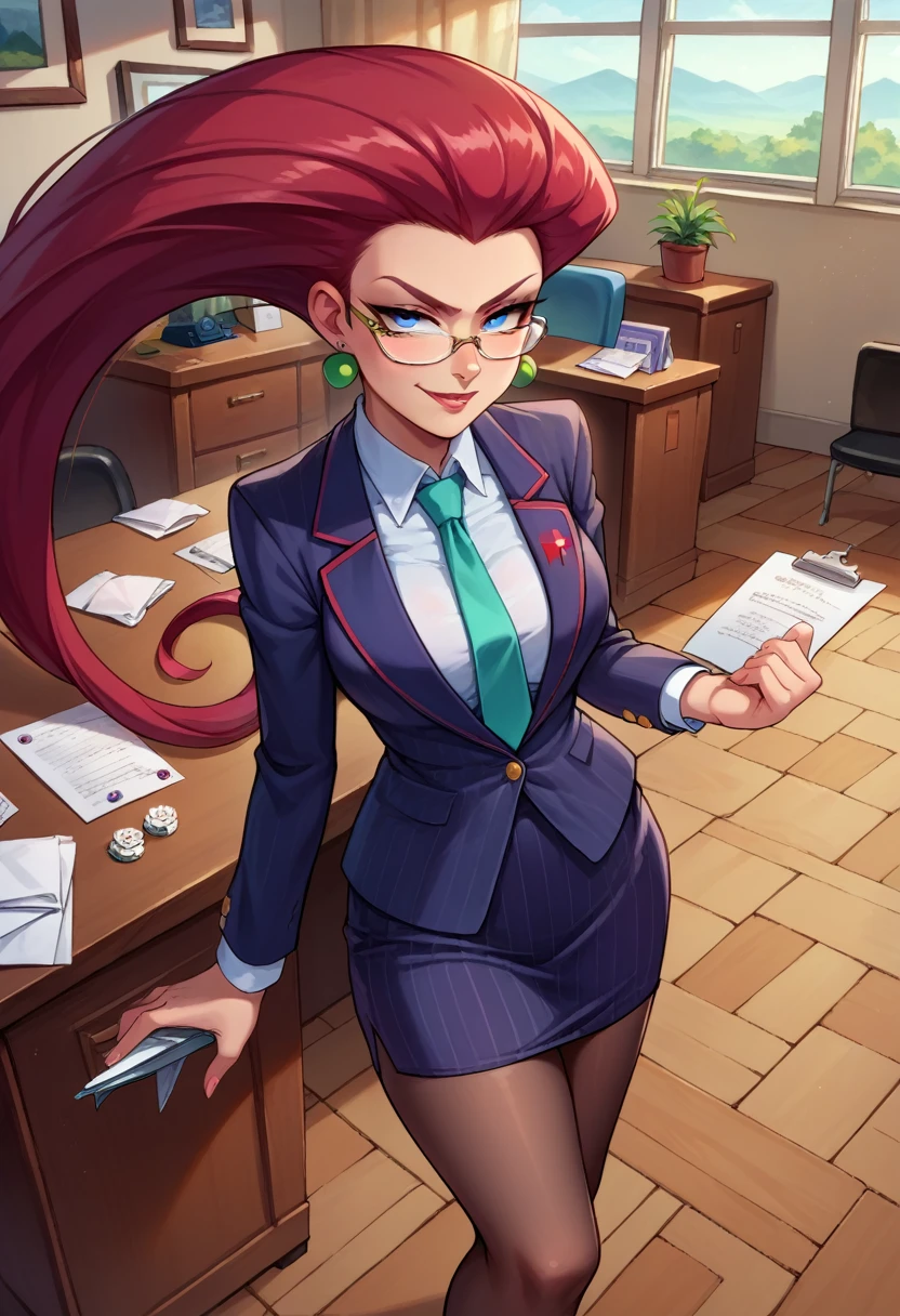 score_9,score_8_up,score_7_up,score_6_up, source_anime, 1girl, solo, (((EPpkJessie))), long hair, blue eyes, glasses, red hair, hair slicked back, pinstripe skirt suit, suit and tie, (((three-piece suit))), silk dress shirt, shirt and tie, necktie, ((blazer)), ((suit jacket)) ((waistcoat)), ((bodycon miniskirt)), stockings, high heels, tie clip, pocket square, tailored suit, (((cufflinks))),
office, holding clipboard, smug, confident, arrogant
