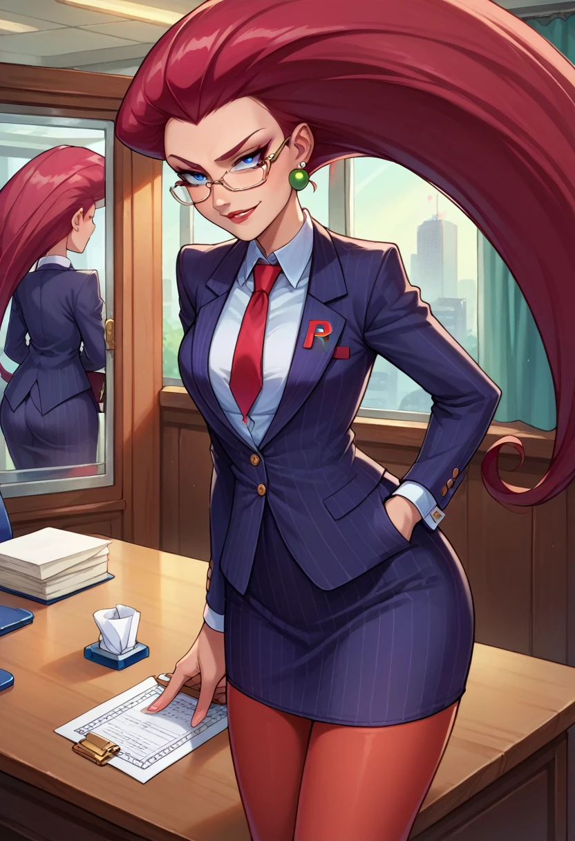 score_9,score_8_up,score_7_up,score_6_up, source_anime, 1girl, solo, (((EPpkJessie))), long hair, blue eyes, glasses, red hair, hair slicked back, pinstripe skirt suit, suit and tie, (((three-piece suit))), silk dress shirt, shirt and tie, necktie, ((blazer)), ((suit jacket)) ((waistcoat)), ((bodycon miniskirt)), stockings, high heels, tie clip, pocket square, tailored suit, (((cufflinks))),
office, holding clipboard, smug, confident, arrogant