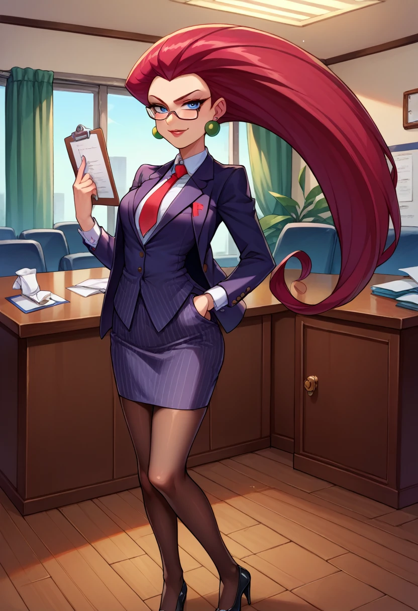 score_9,score_8_up,score_7_up,score_6_up, source_anime, 1girl, solo, (((EPpkJessie))), long hair, blue eyes, glasses, red hair, hair slicked back, pinstripe skirt suit, suit and tie, (((three-piece suit))), silk dress shirt, shirt and tie, necktie, ((blazer)), ((suit jacket)) ((waistcoat)), ((bodycon miniskirt)), stockings, high heels, tie clip, pocket square, tailored suit, (((cufflinks))),
office, holding clipboard, smug, confident, arrogant