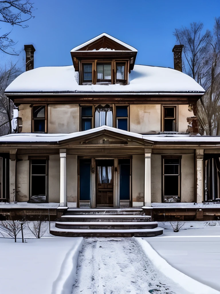 arafed house in the snow with a staircase leading up to the front, an abandoned old, an abandoned, an old abandoned mansion, victorian manor, abandoned polish mansion, abandoned house, victorian house, abandoned, victorian setting, abandoned castle, mysterious exterior, old abandoned house, gothic mansion, very ornate, victorian castle, immaculately detailed, amazingly detailed