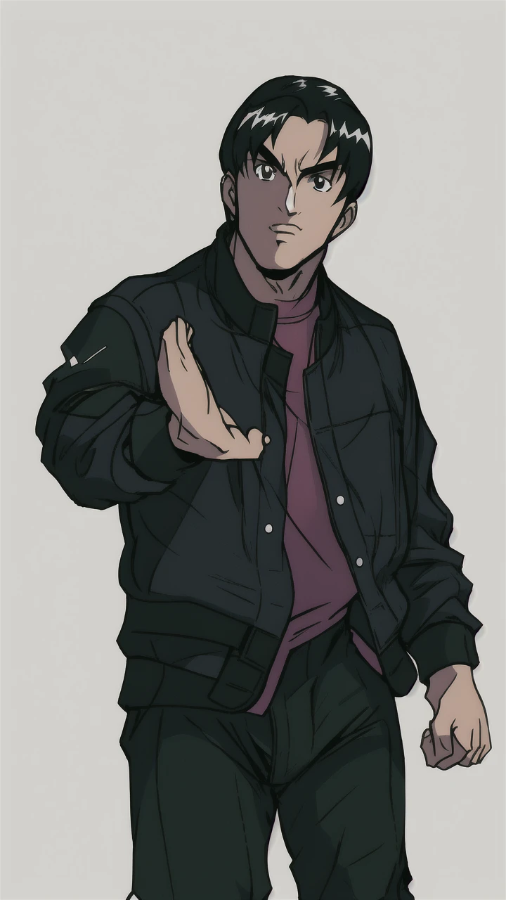 boy in a bomber jacket, detailed hands, aesthetic hands, perfect hands, black hair, minimalist design, clean lines, detailed figures, simple composition, Lineart, like fighting game artwork, tetsuya nomura art, kinu nishimura art,
