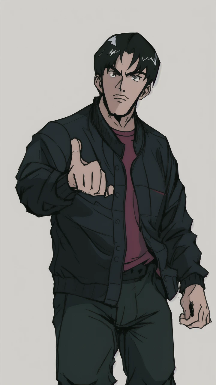 boy in a bomber jacket, detailed hands, aesthetic hands, perfect hands, black hair, minimalist design, clean lines, detailed figures, simple composition, Lineart, like fighting game artwork, tetsuya nomura art, kinu nishimura art,