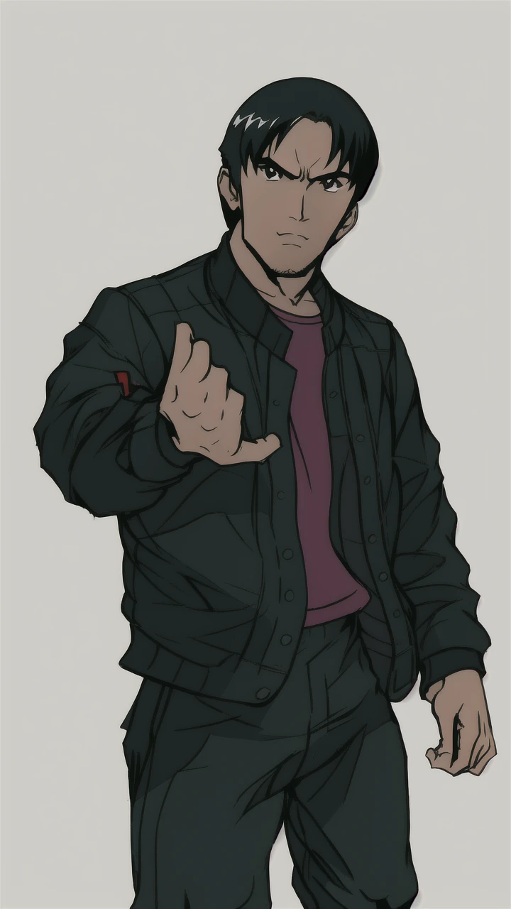 boy in a bomber jacket, detailed hands, aesthetic hands, perfect hands, black hair, minimalist design, clean lines, detailed figures, simple composition, Lineart, like fighting game artwork, tetsuya nomura art, kinu nishimura art,