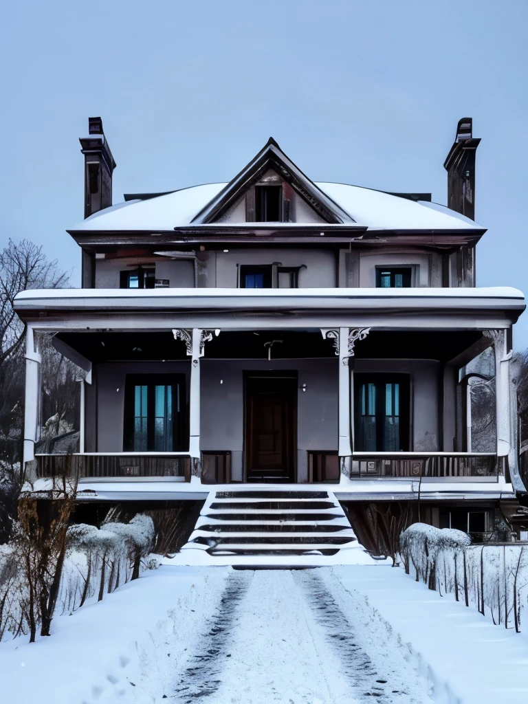 arafed house in the snow with a staircase leading up to the front, an abandoned old, an abandoned, an old abandoned mansion, victorian manor, abandoned polish mansion, abandoned house, victorian house, abandoned, victorian setting, abandoned castle, mysterious exterior, old abandoned house, gothic mansion, very ornate, victorian castle, immaculately detailed, amazingly detailed