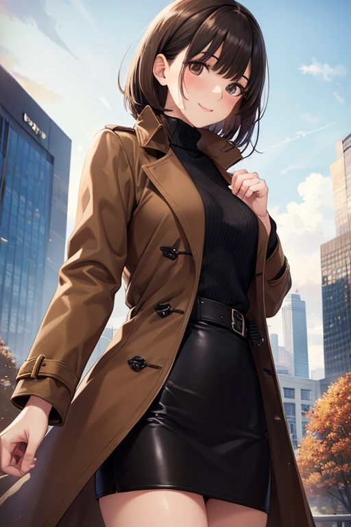 (high quality, High resolution, Fine details), (((Brown autumn coat、BREAK　Black knit、black pencil mini skirt))), Urban Background, modern architecture, Stylish accessories, glossy maroon short hair、Beautiful brown eyes、Ultra-detailed eyes、Stunning hairstyle, Natural light, Impressive pose, alone, woman, Sparkling eyes, (Fine grain), smile, blush, Sweat, Oily skin, Shallow depth of field