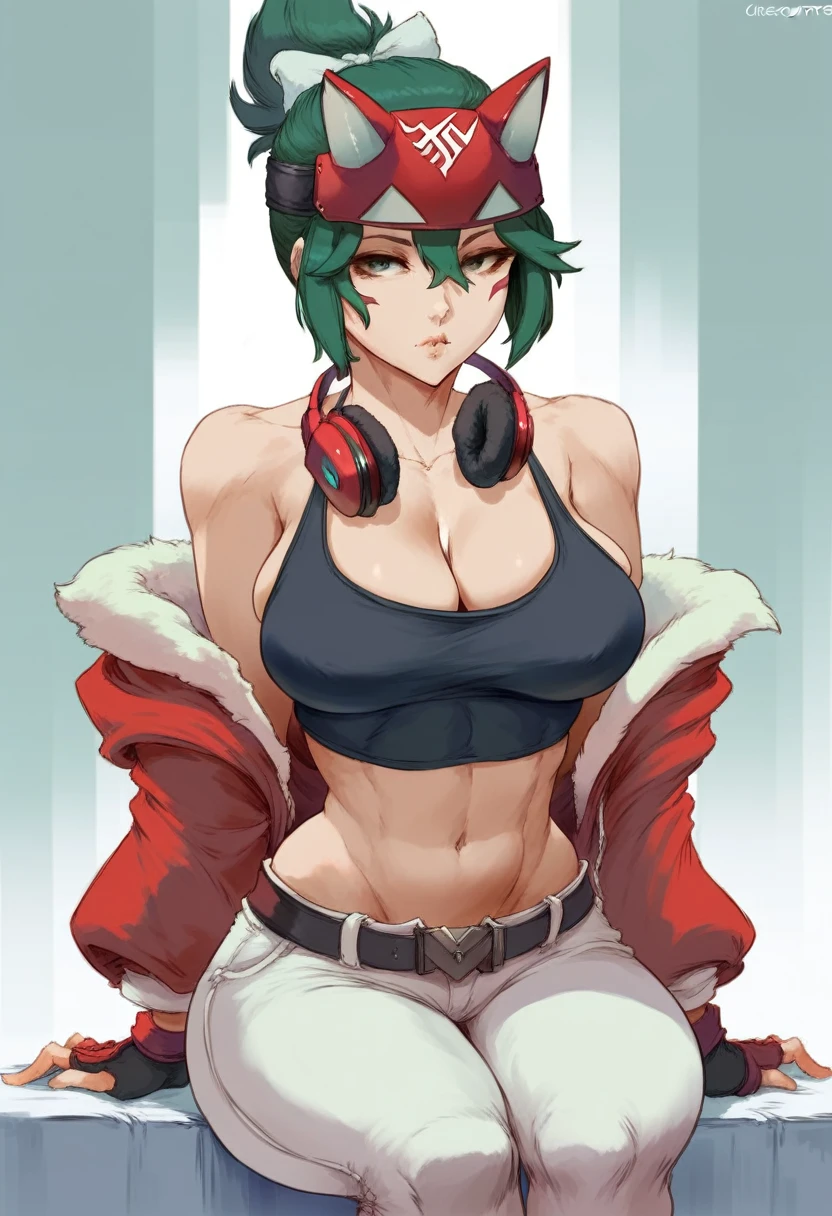 cutesexyrobutts style, kiriko (overwatch), 1girl, breasts, solo, headphones, cleavage, white_bow, green_hair, mask, bow, looking_at_viewer, hair_bow, pants, jacket, fox_mask, sitting, navel, headphones_around_neck, brown_eyes, black_pants, crop_top, thigh_gap, red_gloves, off_shoulder, facial_mark, gloves, bare_shoulders, midriff, hair_between_eyes, fingerless_gloves, black_jacket, medium_breasts, lips, large_breasts, open_clothes, topknot, shirt