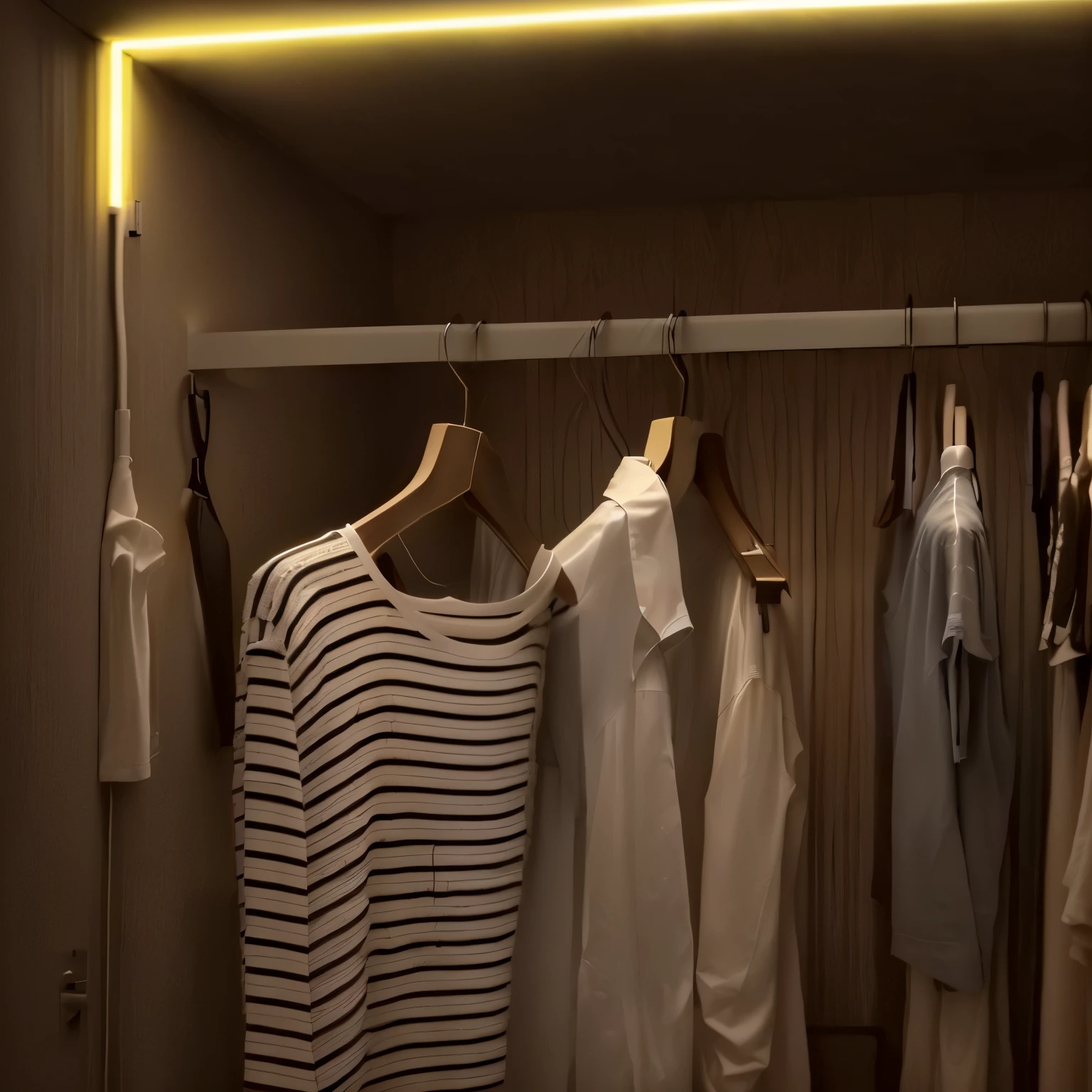 there are three shirts hanging on a rack in a closet, led light strips, neon accent lights, room lighting, oled lights in corners, yellow lighting from right, small led lights, fashion neon light, dim accent lighting, contrast side light, bright ambient lighting, slanted lighting from window, edge lighting, thin glowing lights, light clothing, dual tone lighting