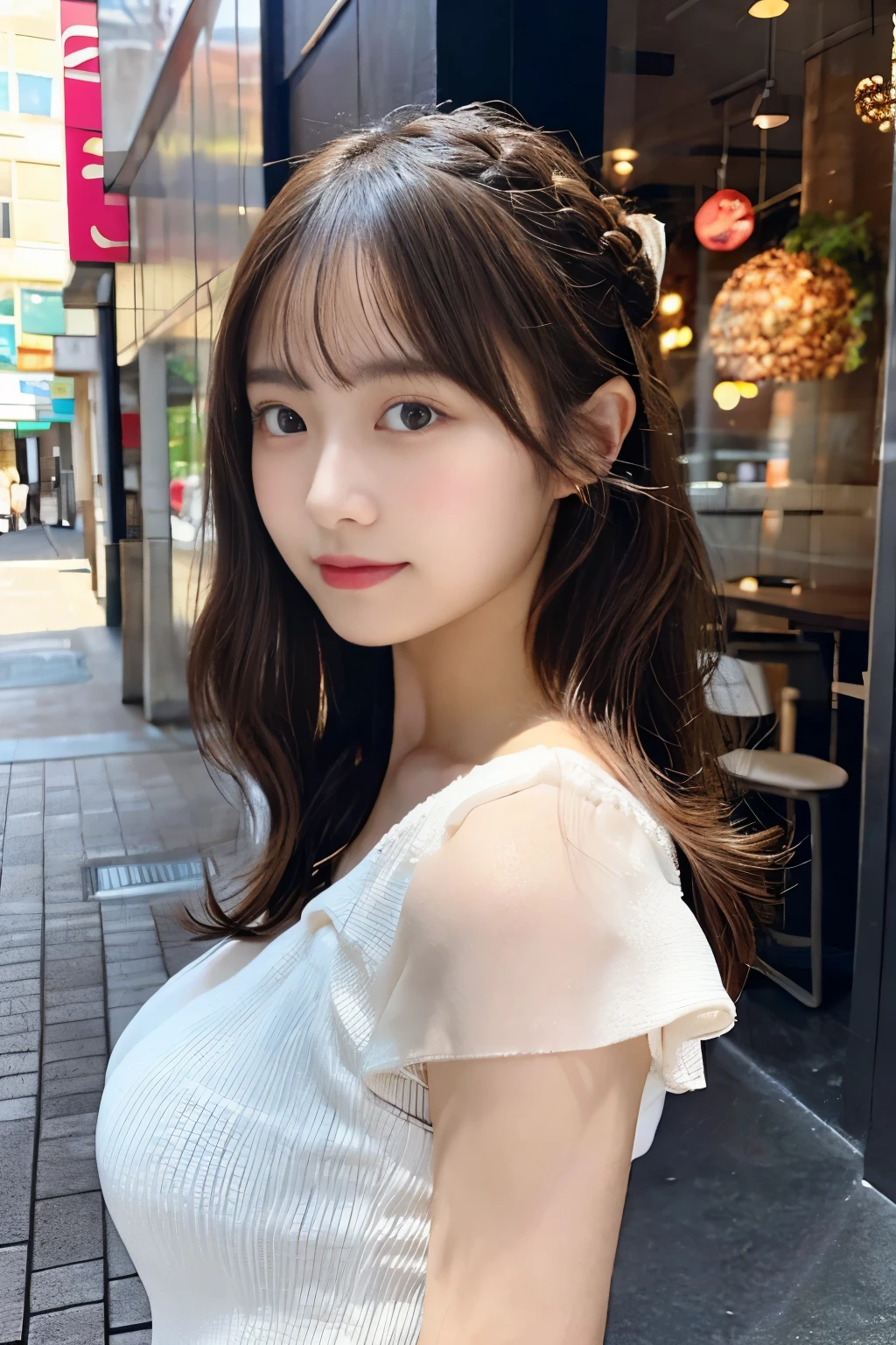 On a date、masterpiece、Highest quality、14-year-old girl、Large Breasts、noon、whole body、Chignon Hair