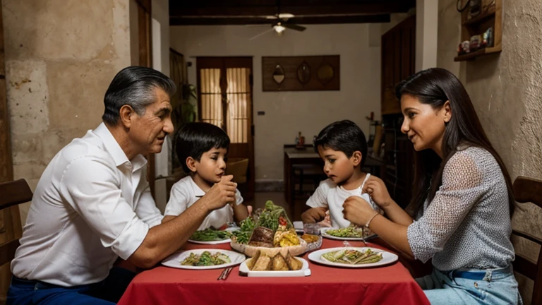 cena familiar de un anciano con sus dos hijos y nietos en una mesa comoda, detalles en el rostro