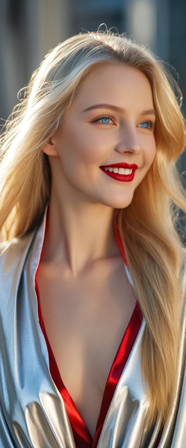 breathtakingly beautiful smiling girl , long blonde hair , blue eyes , red lips , naked ,(((long shiny silver and gold lined cape tied at neck:1.20 )))+++ , full body , 8K , insane details, lifelike, elegant , DSLR ,HDR , film grain