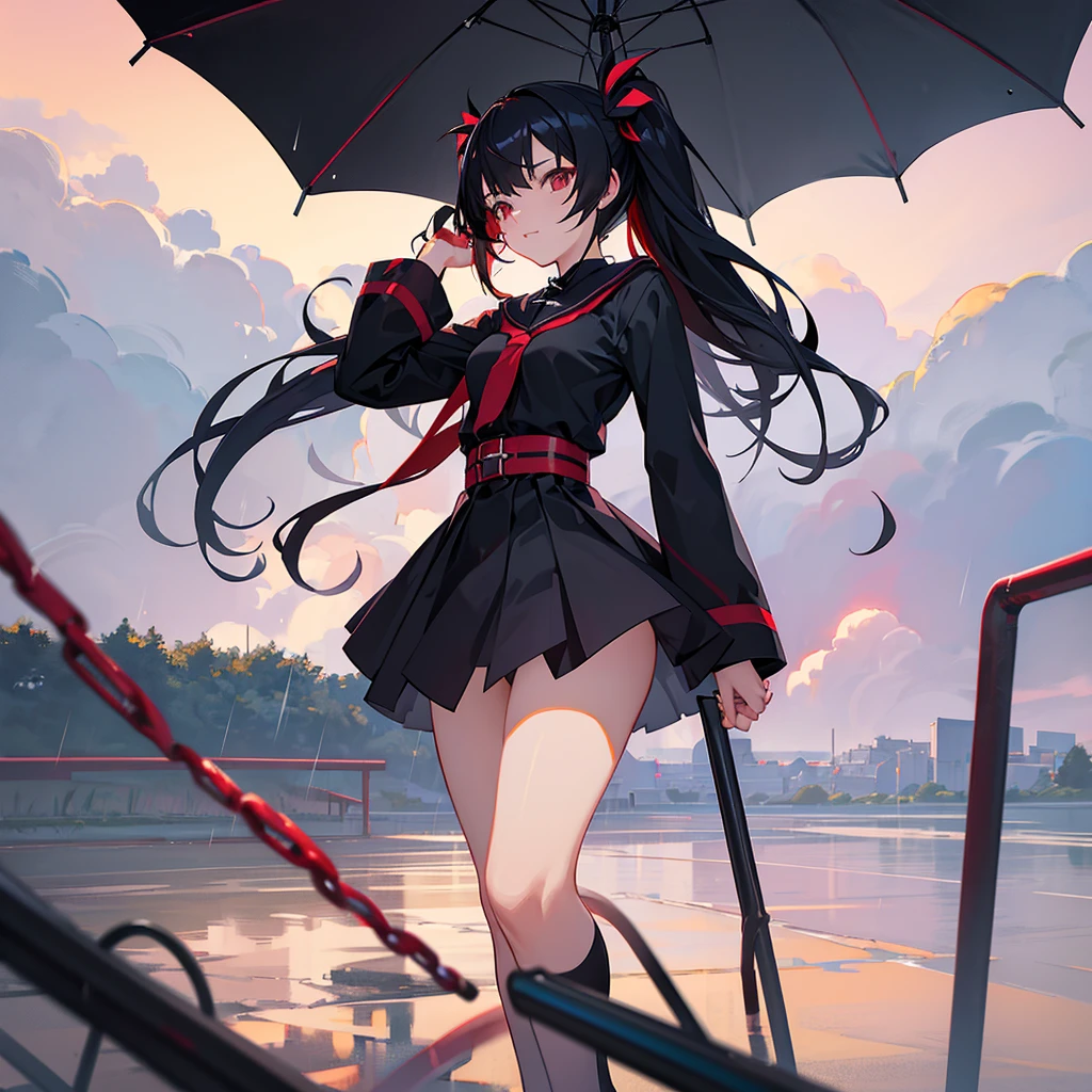 Anime, girl in a short miniskirt, panties visible, red-black hair, Twin Tail, in a beautiful area, rainy weather, views from below. 3D