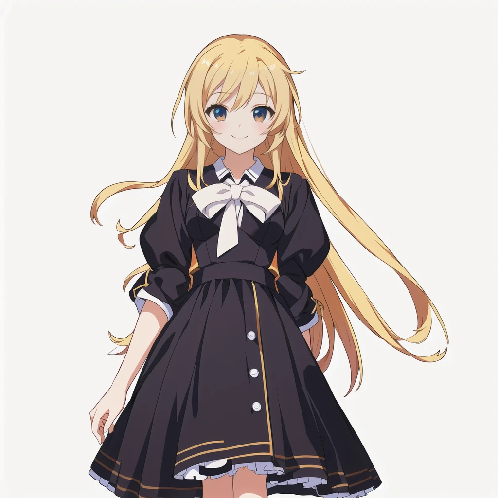 Highest quality, high resolution, High quality anime art style, Official Art, Smooth anime CG art, Stylized anime, Cute 3D anime girl render, Visual Novel Sprites, White background, whole body, Anime-style 3D, Smooth anime CG art, Humanoid Girl, JRPG Characters, Anime girl with long hair and a black dress with a white collar, smile, Golden Hair, Long Hair, Lori, Small Bust, Small breasts, 13 years old
